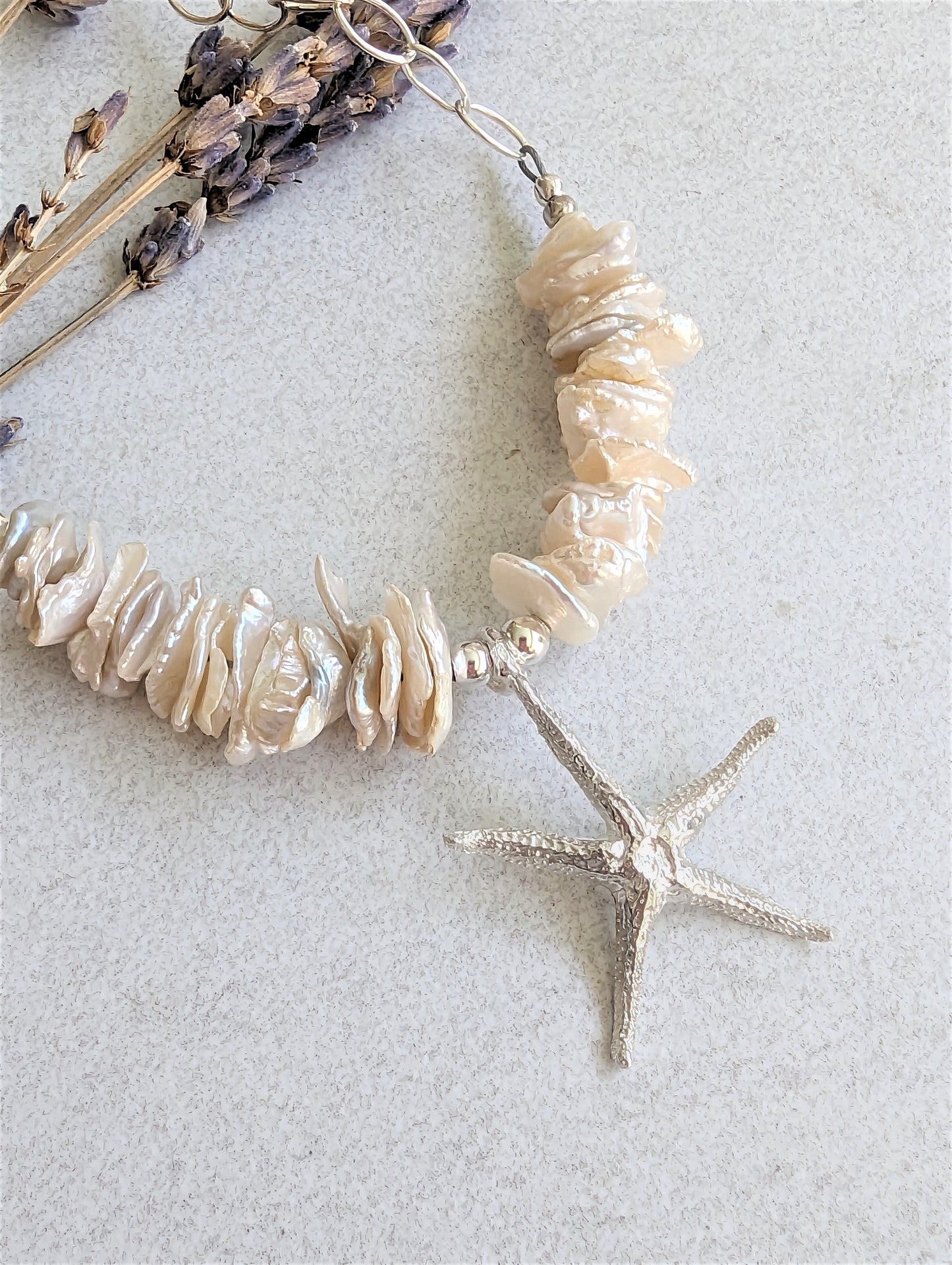 Silver Star Fish Pendant on Flake Pearl and Silver Chain Necklace, Bohemian Artisan Eco-Friendly Beach Jewelry