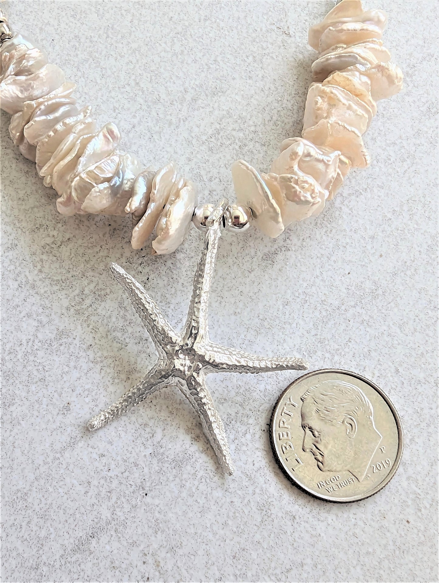 Silver Star Fish Pendant on Flake Pearl and Silver Chain Necklace, Bohemian Artisan Eco-Friendly Beach Jewelry