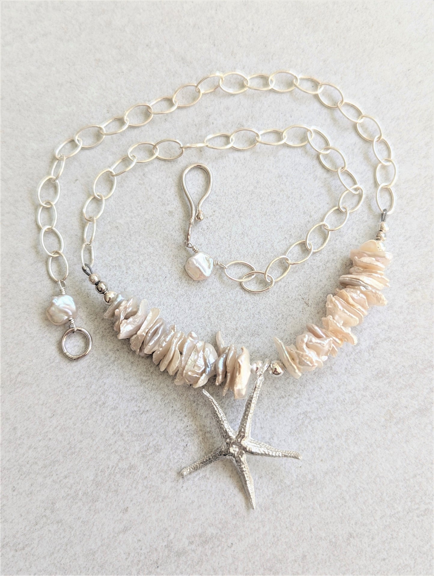 Silver Star Fish Pendant on Flake Pearl and Silver Chain Necklace, Bohemian Artisan Eco-Friendly Beach Jewelry