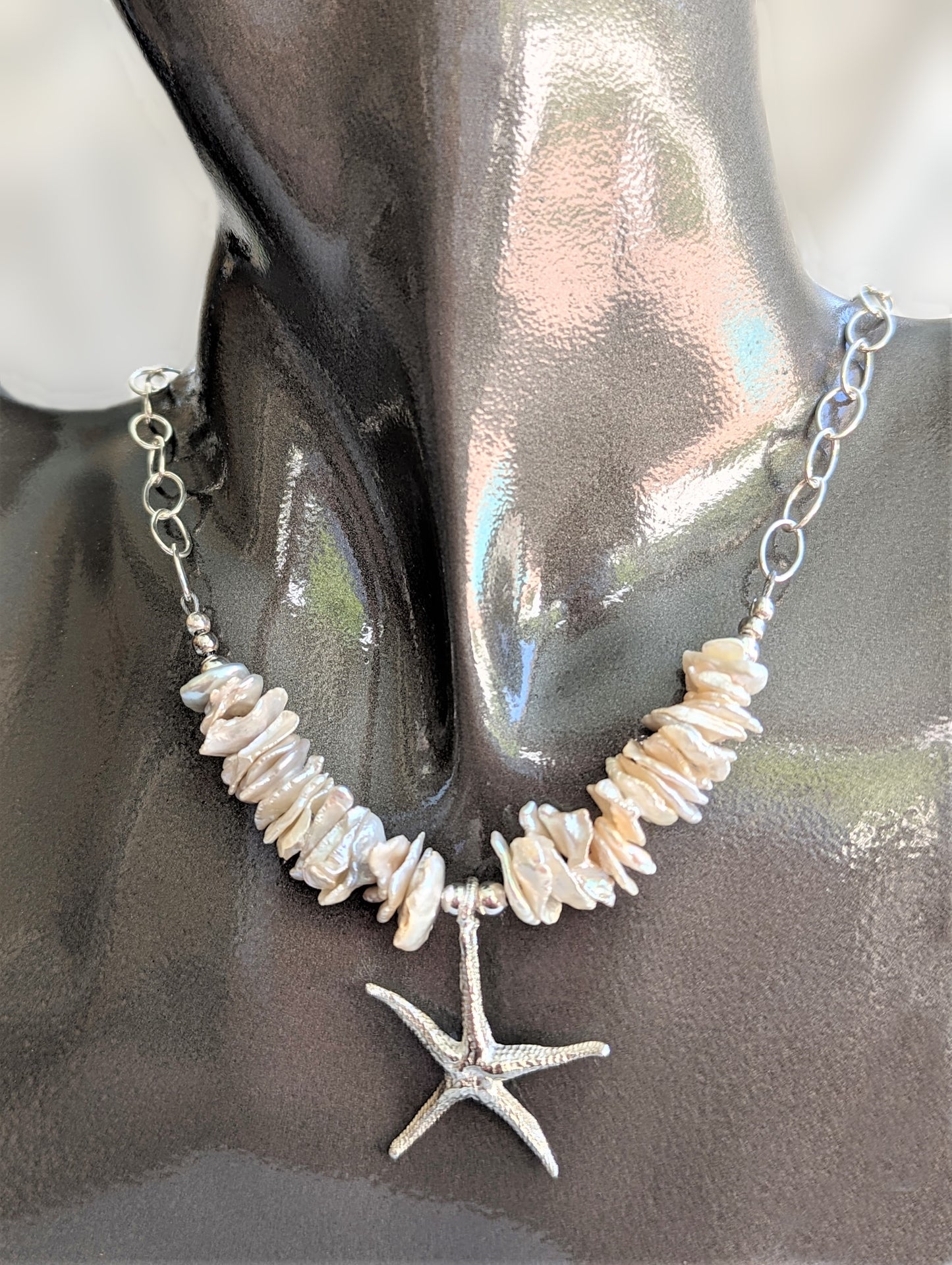 Silver Star Fish Pendant on Flake Pearl and Silver Chain Necklace, Bohemian Artisan Eco-Friendly Beach Jewelry