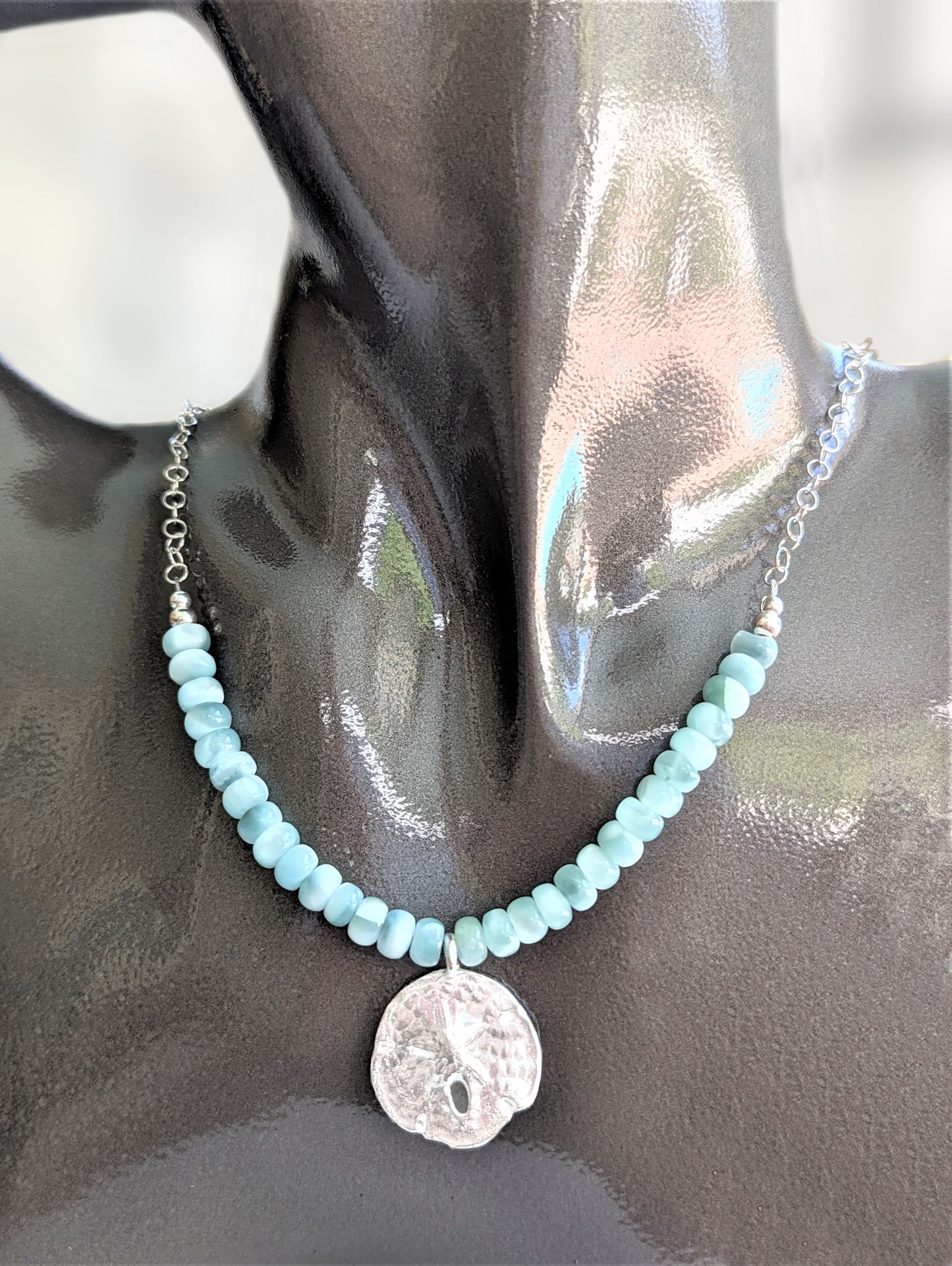 Charming Silver Sand Dollar on Green Moonstone Necklace, Artisan Eco-Friendly Bohemian Beach Jewelry