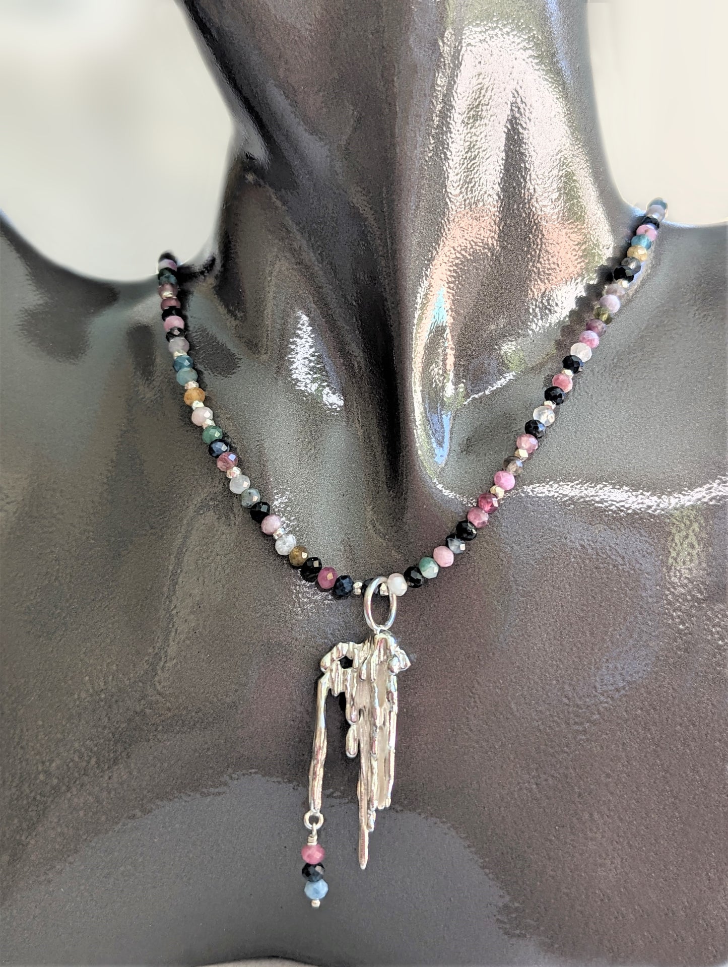 Silver Icicles Pendant on Rainbow Tourmaline Necklace, Artisan Abstract Drippy Silver Bohemian Necklace