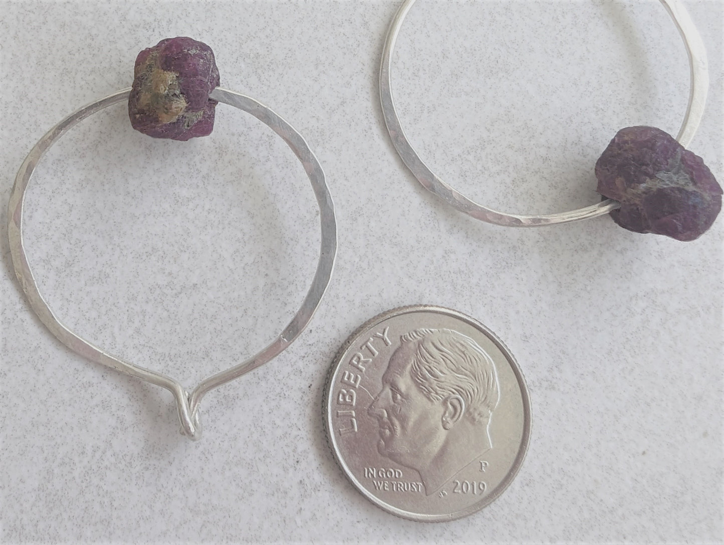 Sterling Silver Hoops with Raw Ruby Nuggets, Artisan Bohemian Gemstone Earrings