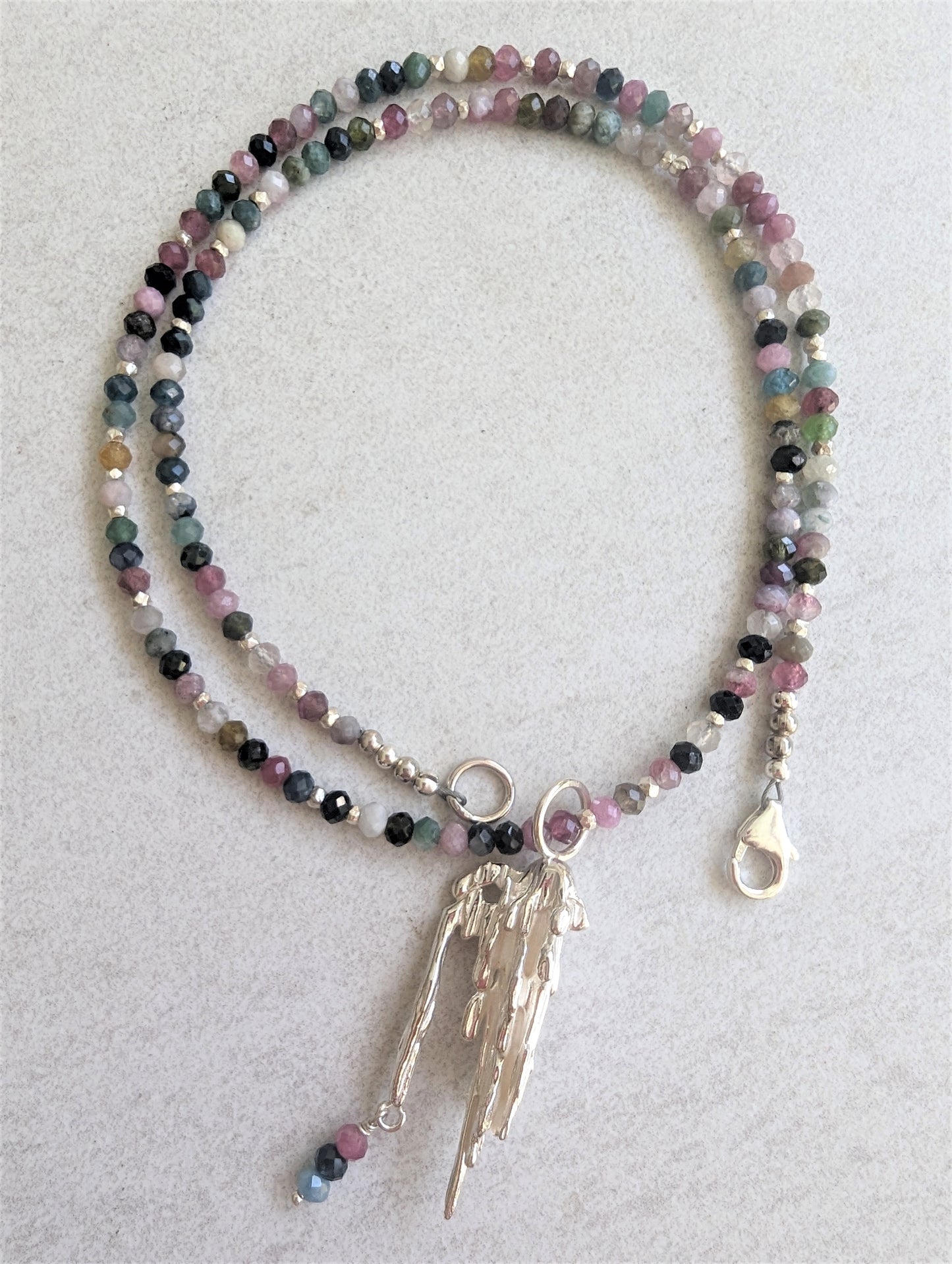 Silver Icicles Pendant on Rainbow Tourmaline Necklace, Artisan Abstract Drippy Silver Bohemian Necklace