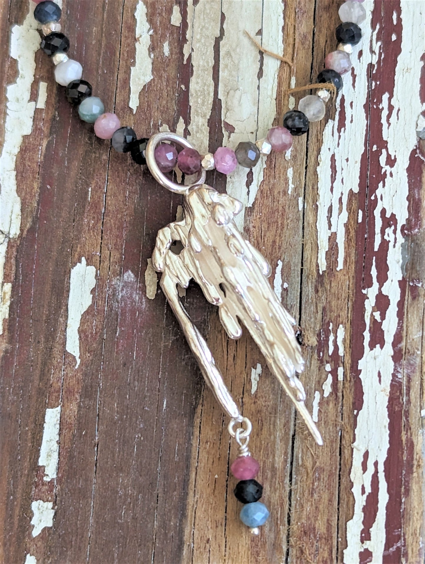 Silver Icicles Pendant on Rainbow Tourmaline Necklace, Artisan Abstract Drippy Silver Bohemian Necklace