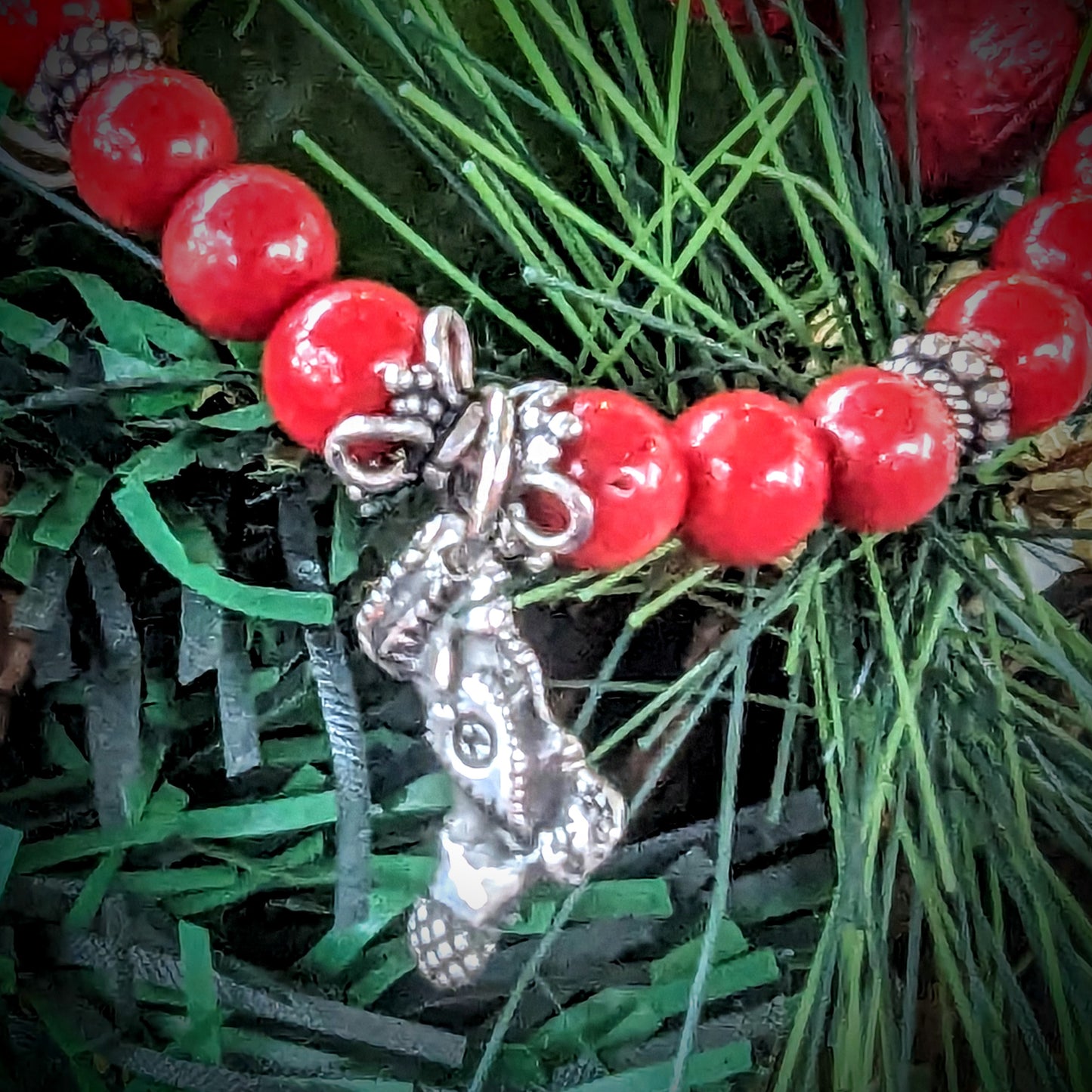 Christmas Bracelet, Red Coral and Silver Christmas Stocking Charm