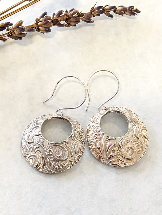 Sparkly Silver Textured Circle Dangle Eco-Friendly Earrings