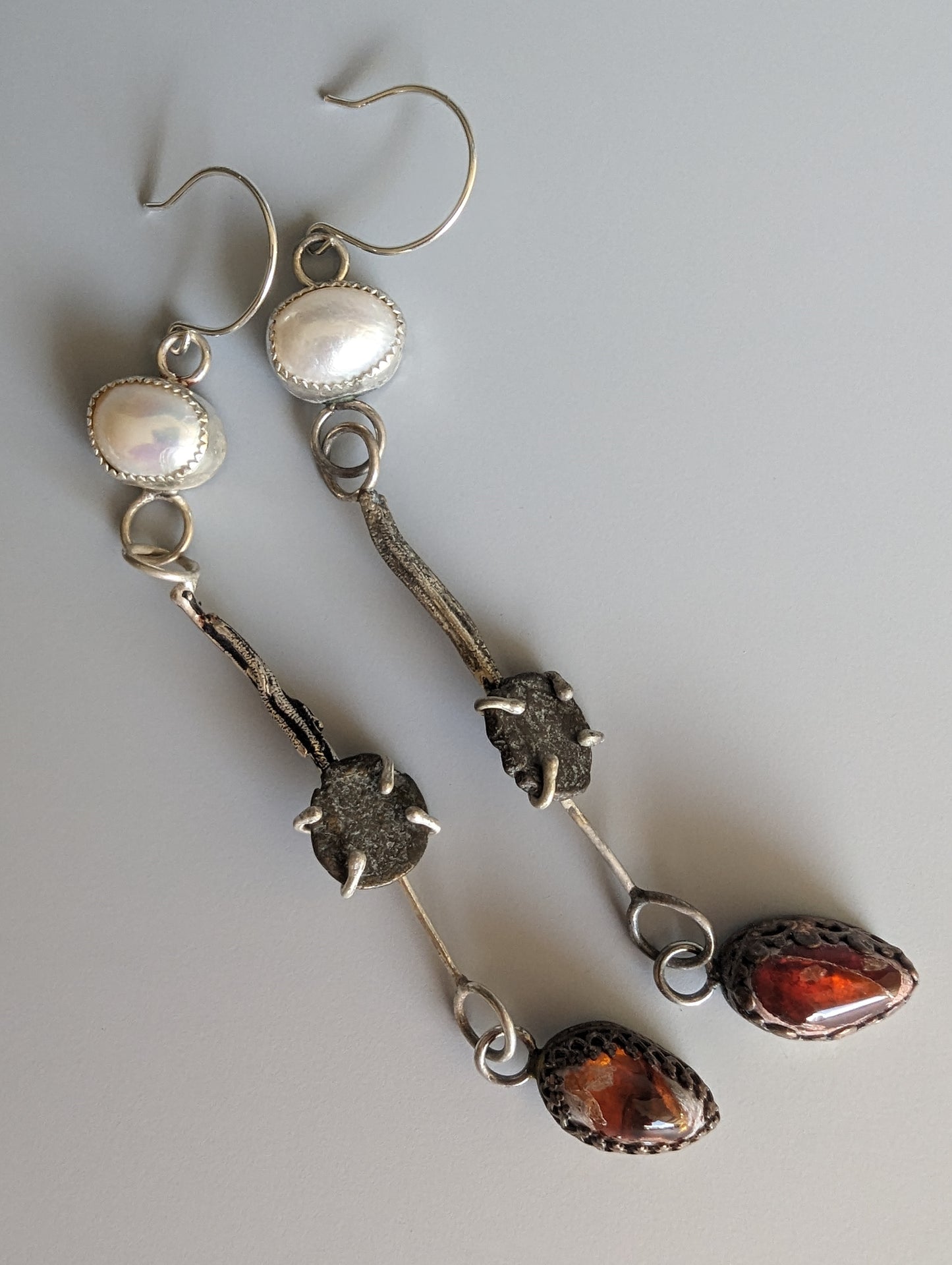 Bohemian Rustic Fused Silver, Roman Coin, Pearl and Mexican Fire Opal Dangle Earrings