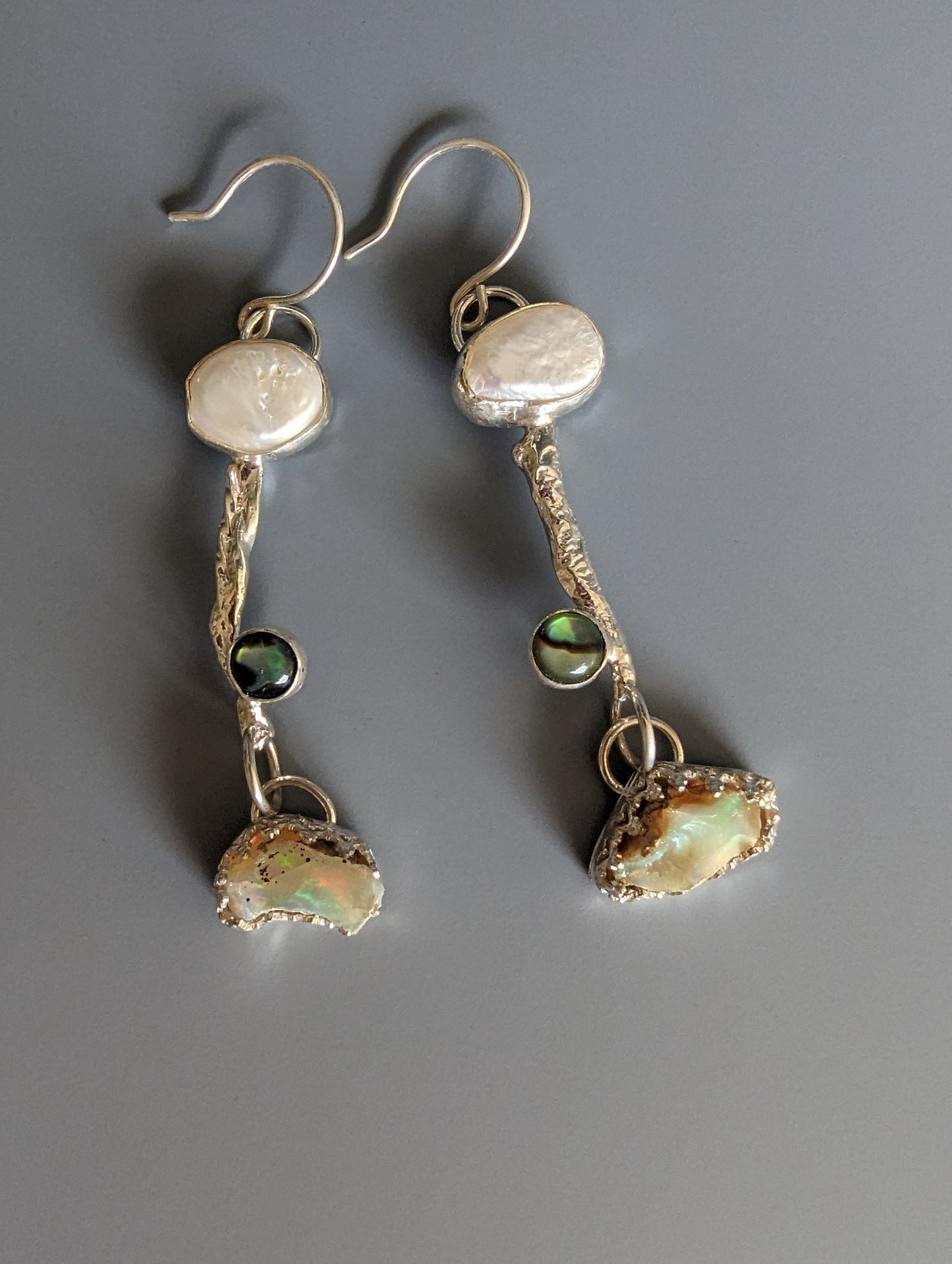 Artisan Primitive Bohemian Pearl, Abalone, Opal and Silver Dangle Earrings