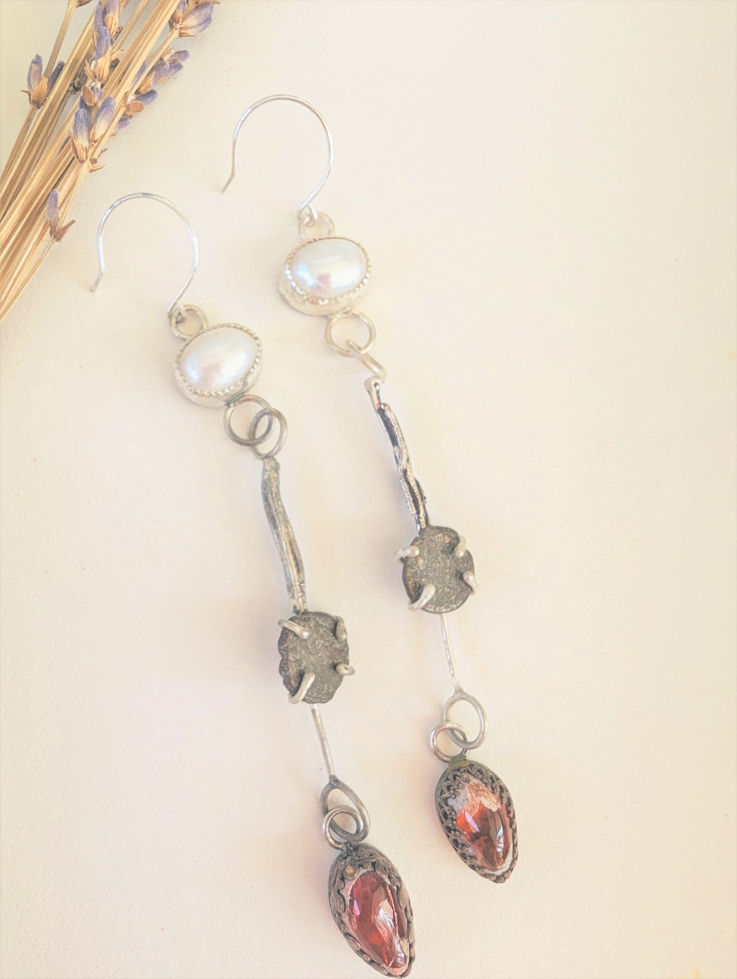 Bohemian Rustic Fused Silver, Roman Coin, Pearl and Mexican Fire Opal Dangle Earrings