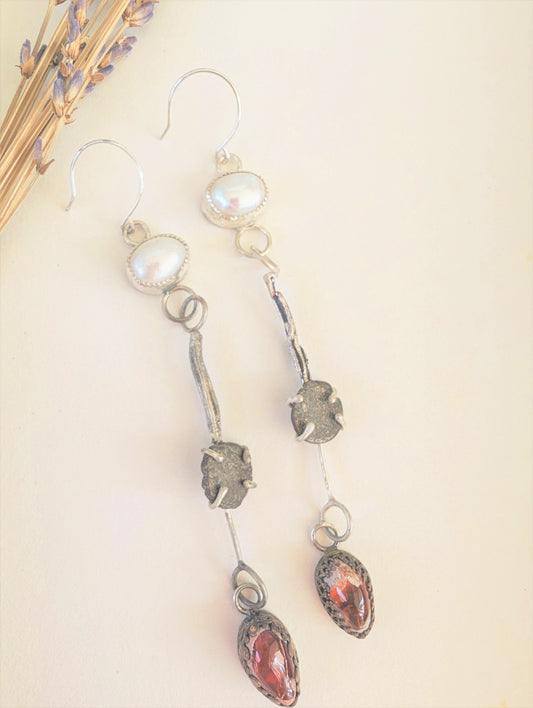 Bohemian Rustic Fused Silver, Roman Coin, Pearl and Mexican Fire Opal Dangle Earrings