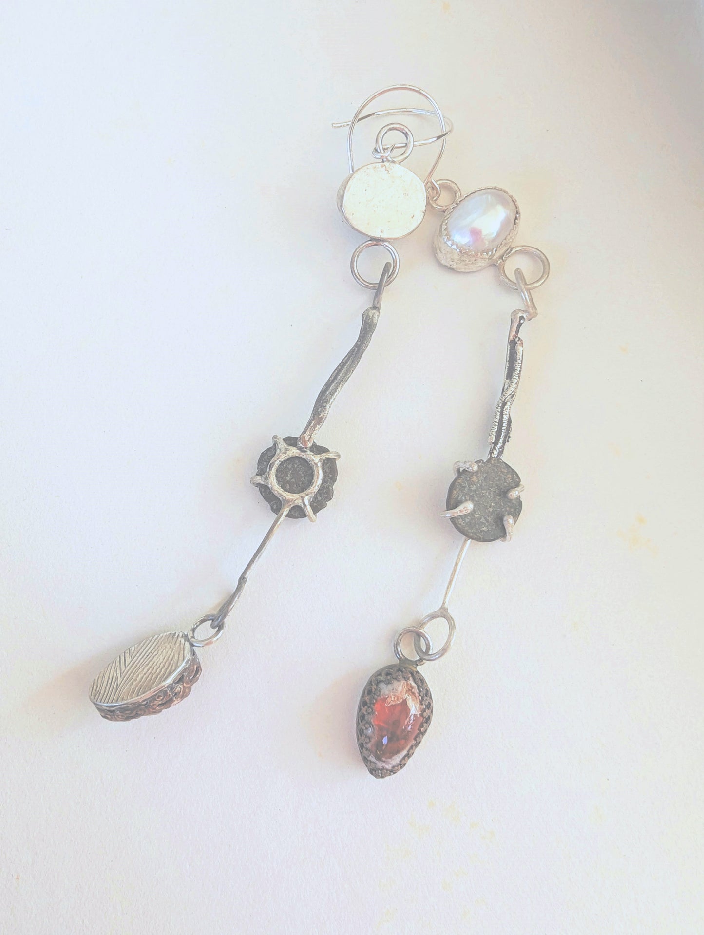 Bohemian Rustic Fused Silver, Roman Coin, Pearl and Mexican Fire Opal Dangle Earrings