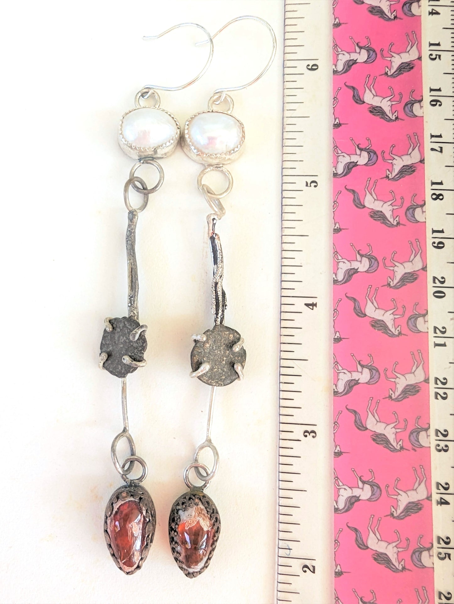 Bohemian Rustic Fused Silver, Roman Coin, Pearl and Mexican Fire Opal Dangle Earrings