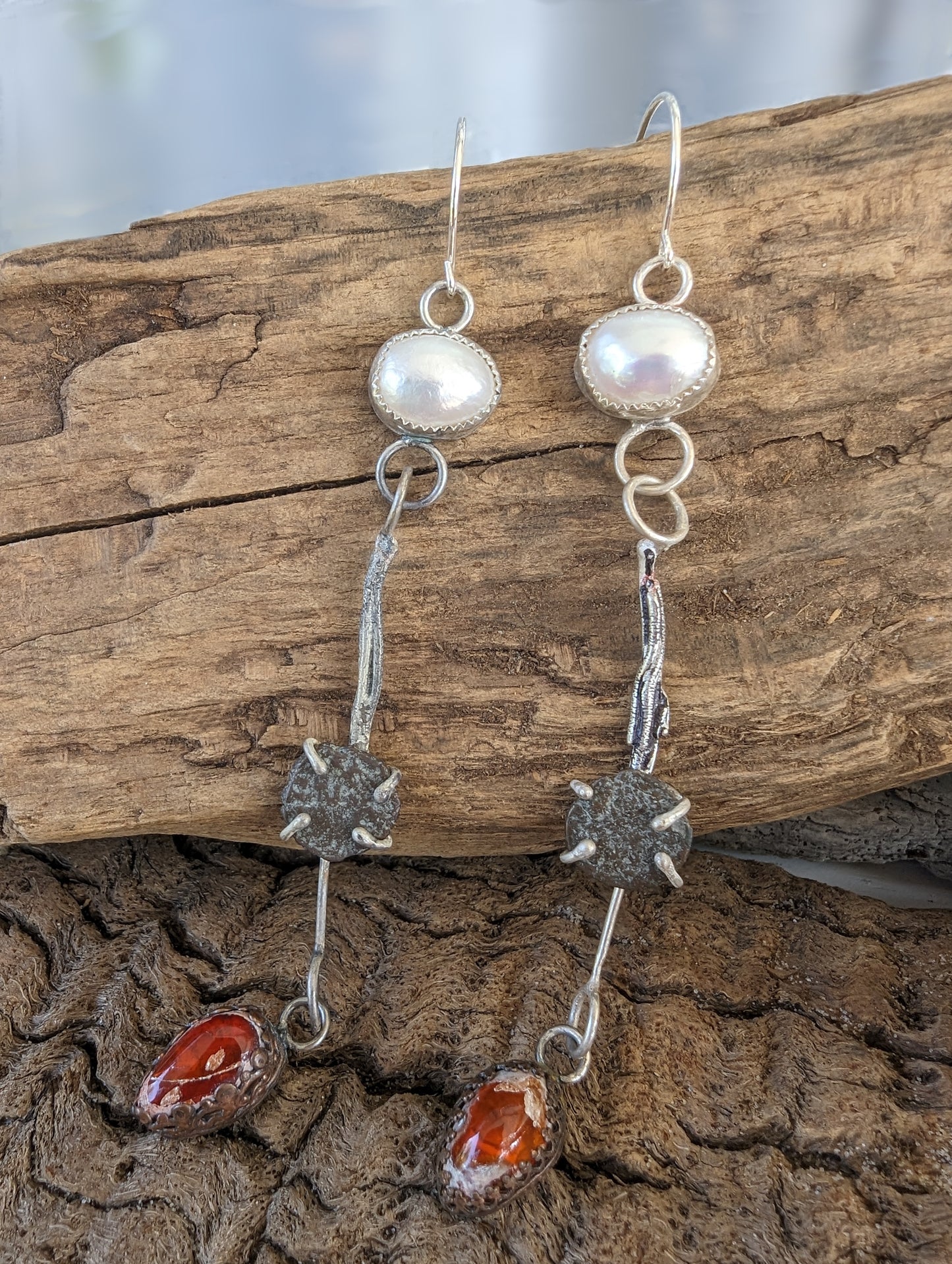 Bohemian Rustic Fused Silver, Roman Coin, Pearl and Mexican Fire Opal Dangle Earrings