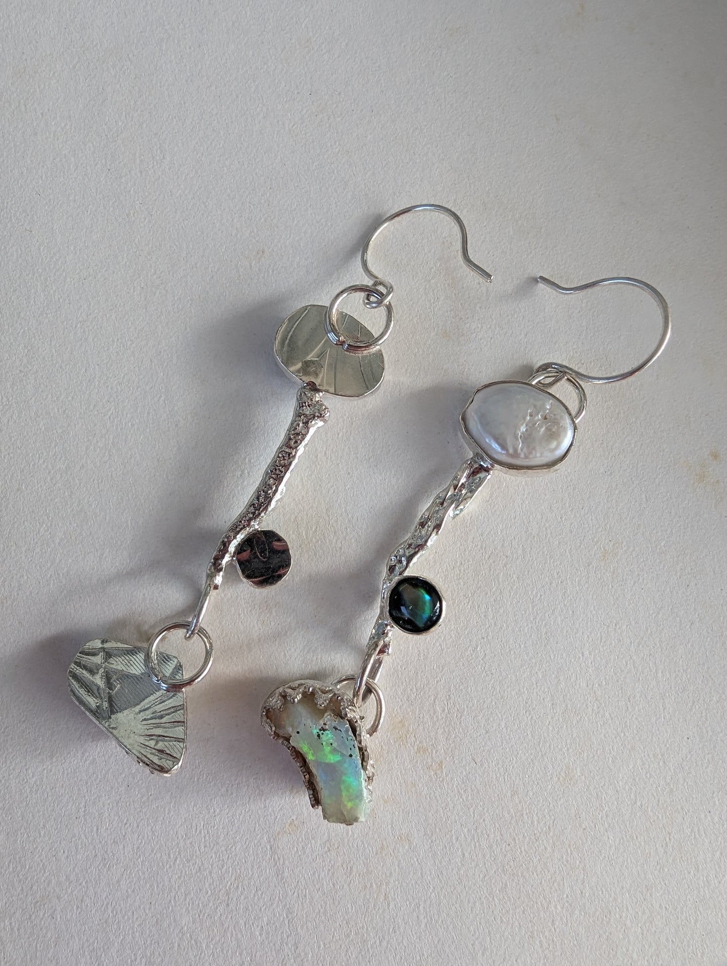 Artisan Primitive Bohemian Pearl, Abalone, Opal and Silver Dangle Earrings