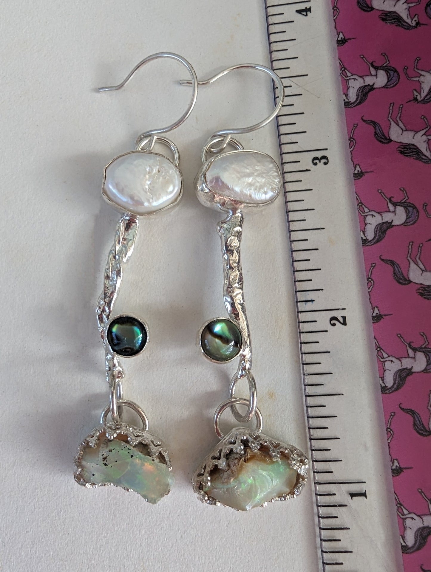 Artisan Primitive Bohemian Pearl, Abalone, Opal and Silver Dangle Earrings
