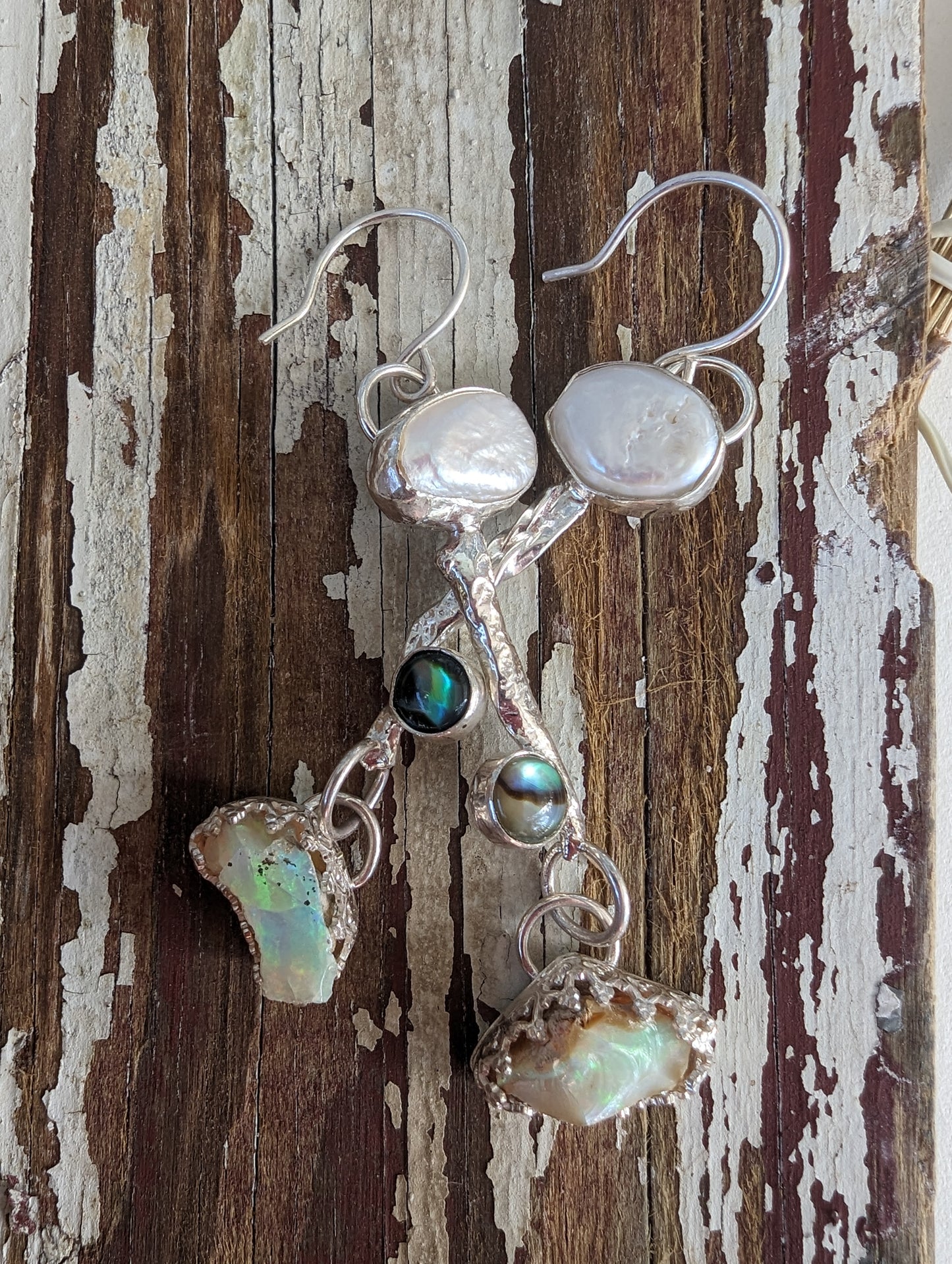 Artisan Primitive Bohemian Pearl, Abalone, Opal and Silver Dangle Earrings
