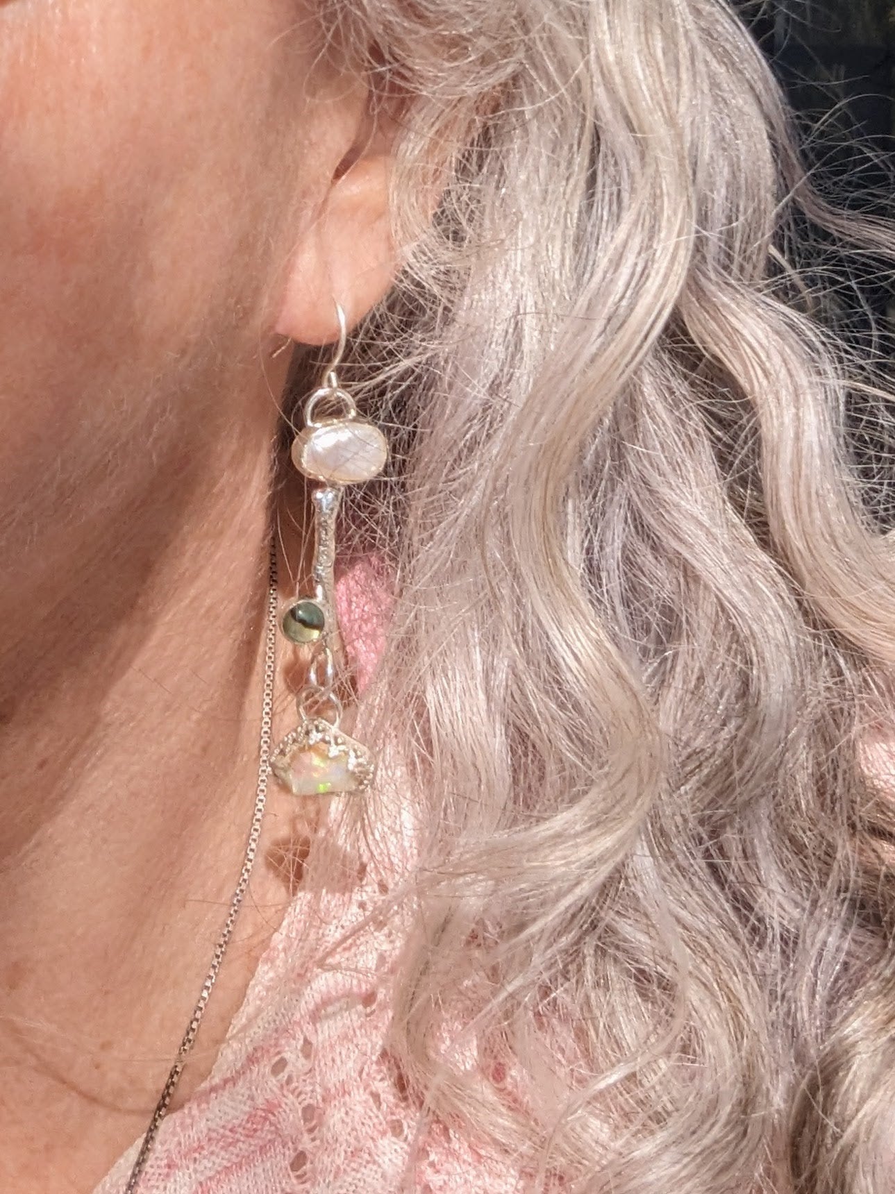 Artisan Primitive Bohemian Pearl, Abalone, Opal and Silver Dangle Earrings