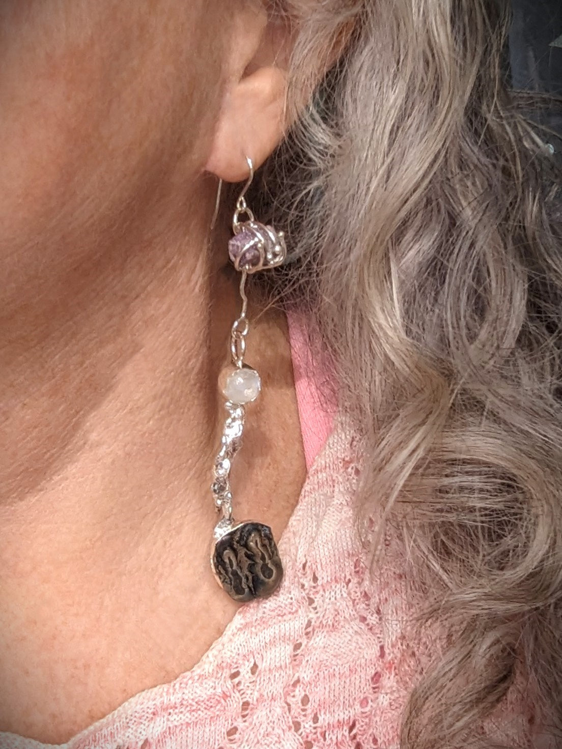Funky Long Dangle Earrings, Urban Archaeology Sterling Silver, Raw Ruby, Rainbow Moonstoon and Manatee Tooth Fossils