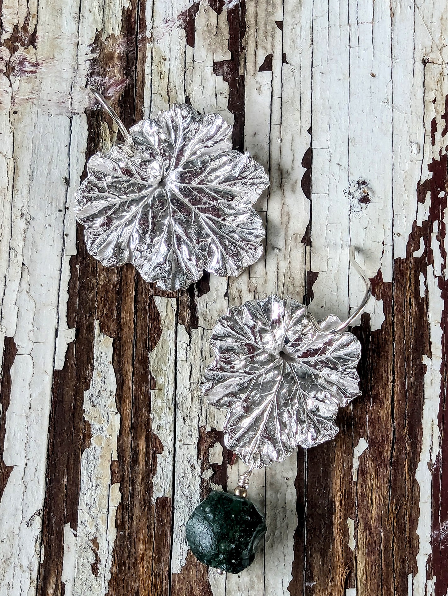Silver Geranium Leaf Earrings with Green Roman Glass