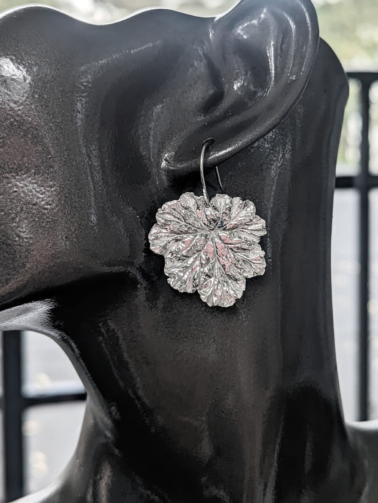 Silver Geranium Leaf Earrings with Green Roman Glass