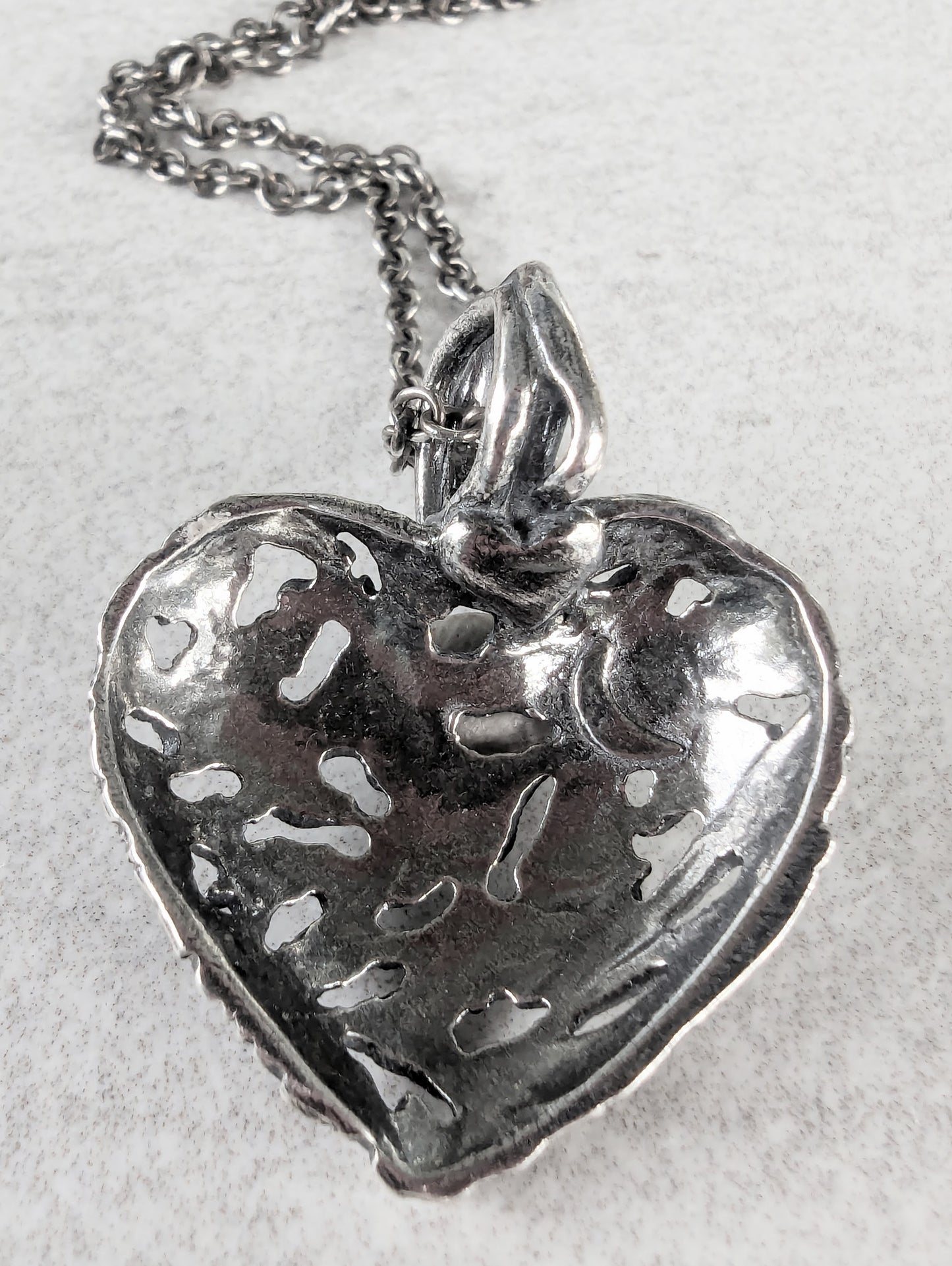 Silver Heart Pendant, Pierced Floral Bubble Heart