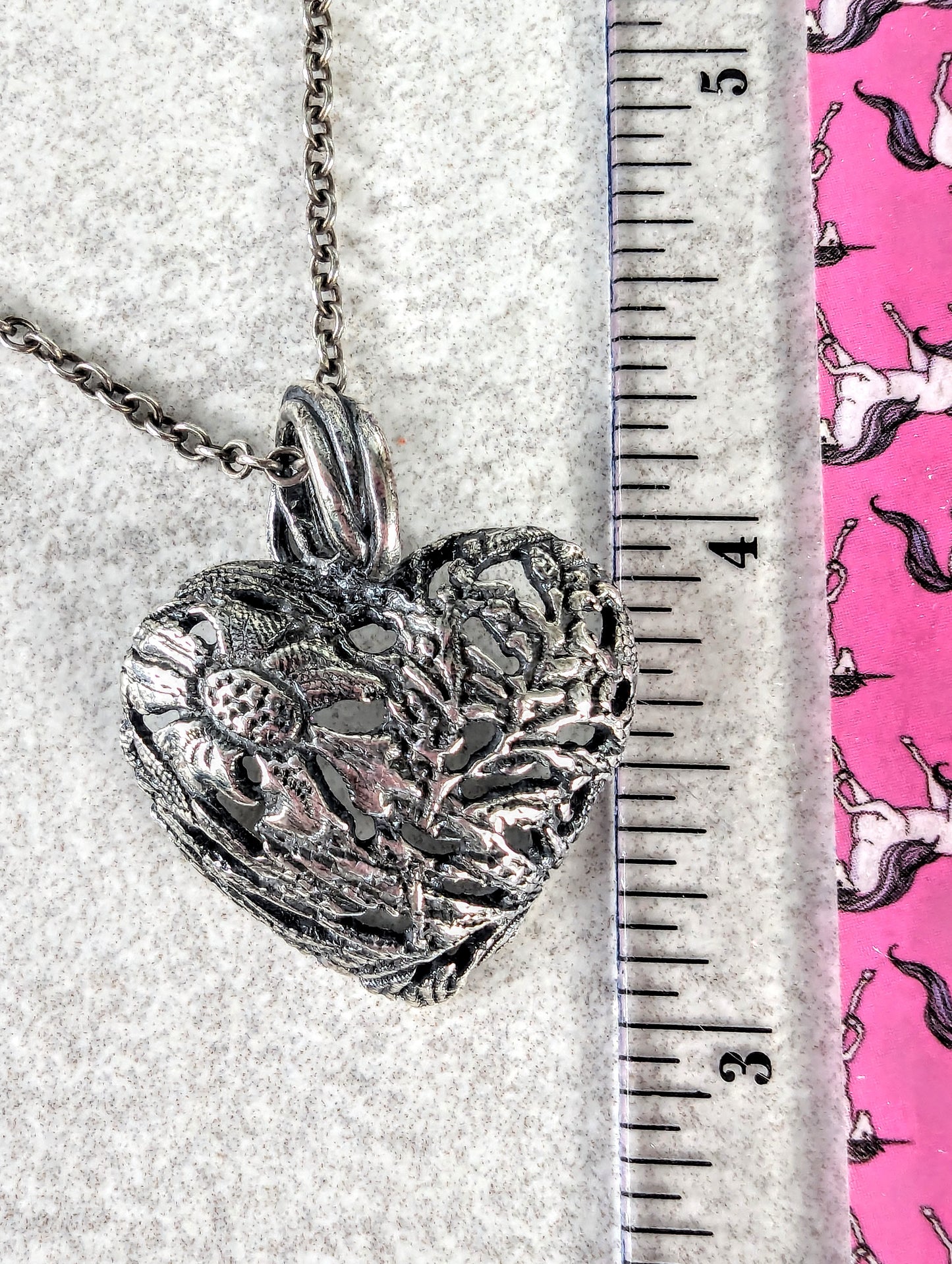 Silver Heart Pendant, Pierced Floral Bubble Heart