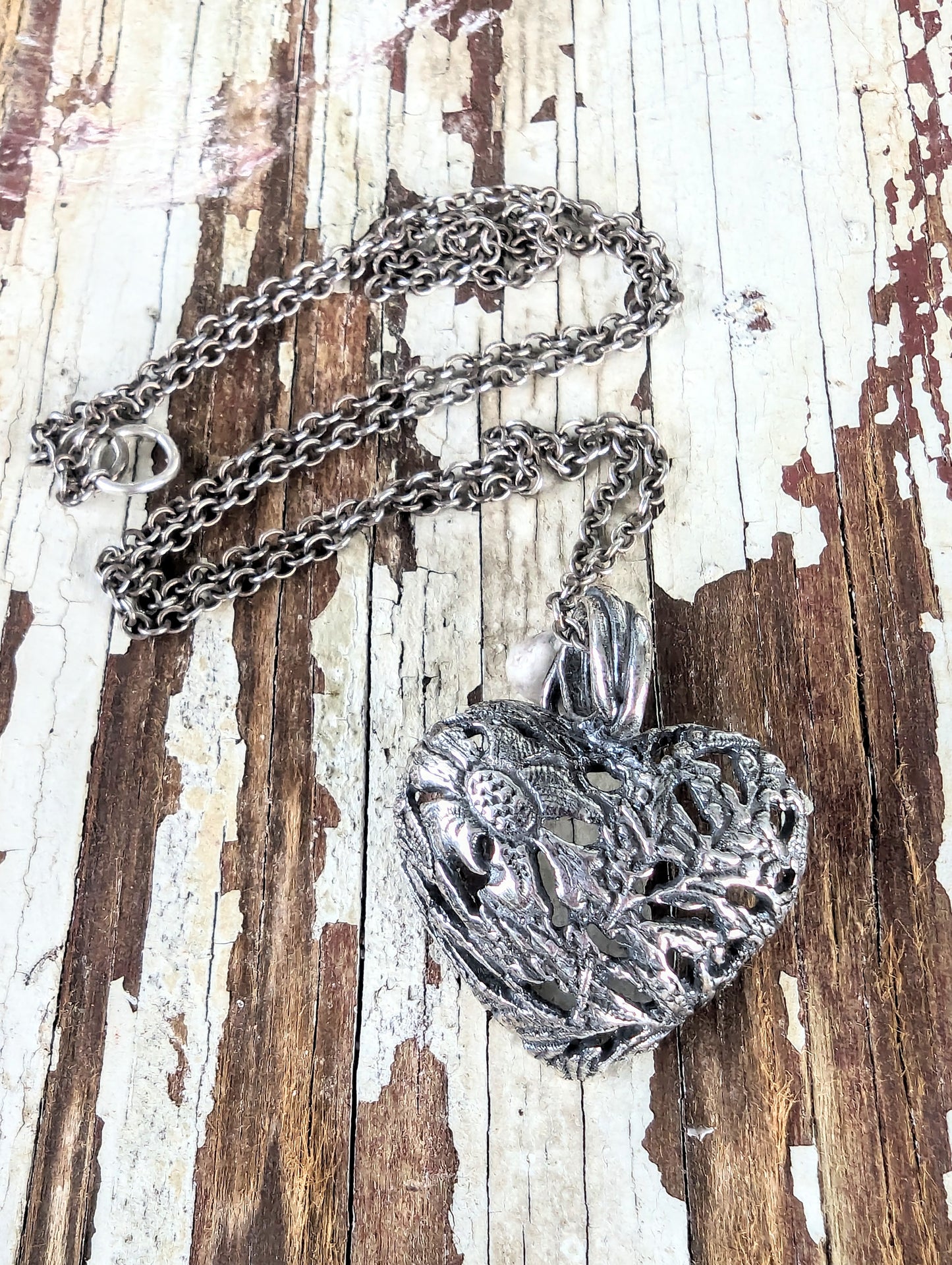 Silver Heart Pendant, Pierced Floral Bubble Heart