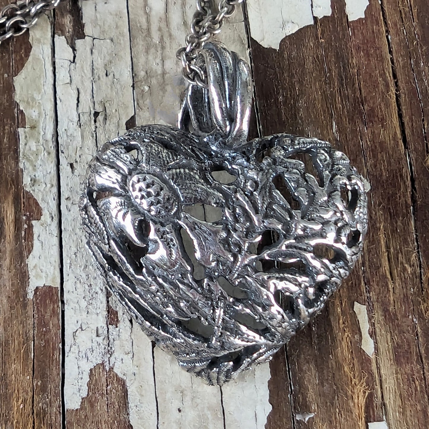Silver Heart Pendant, Pierced Floral Bubble Heart