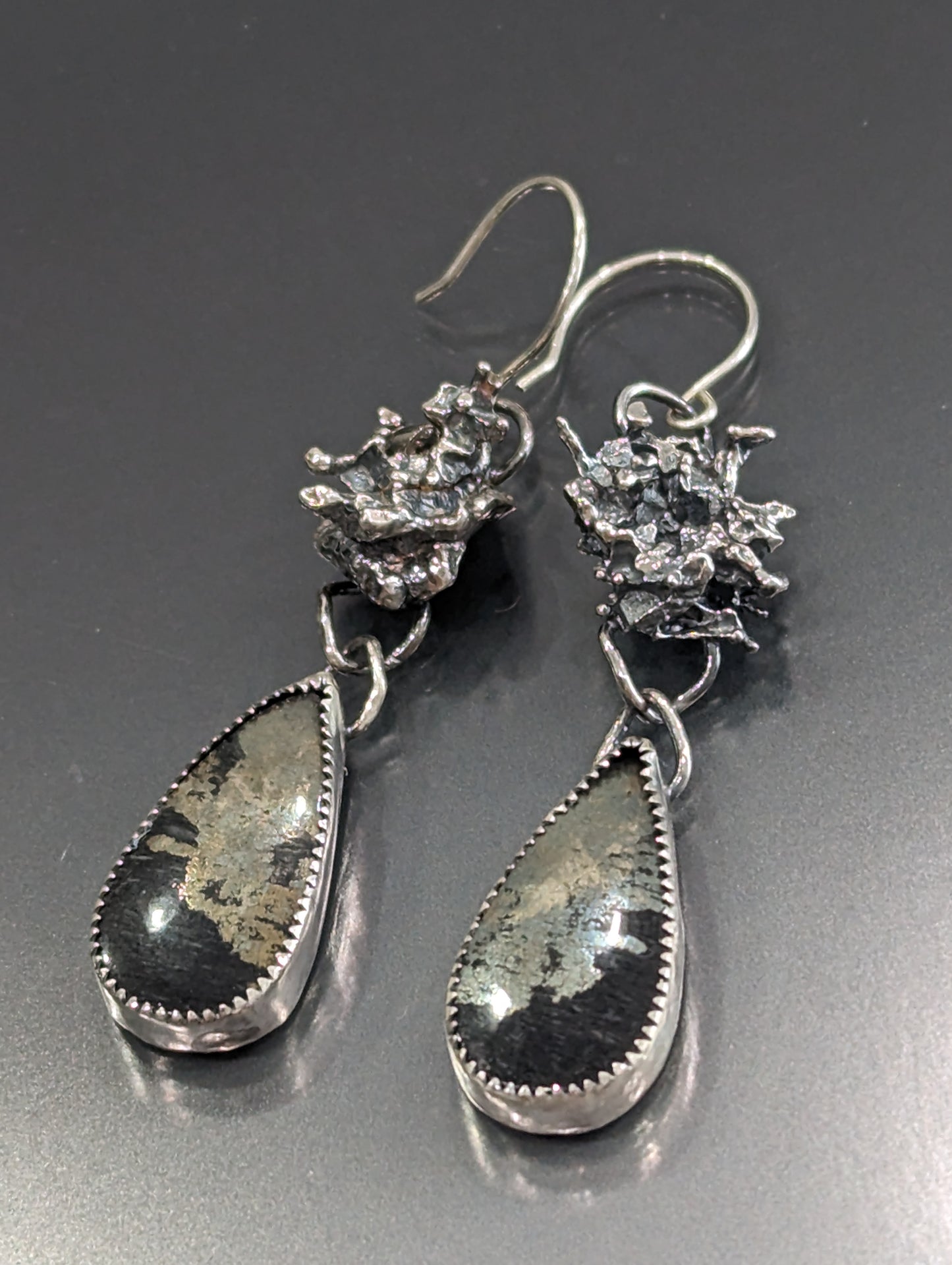 Sterling Silver Organic Cast Earrings with Apache Gold Dangles