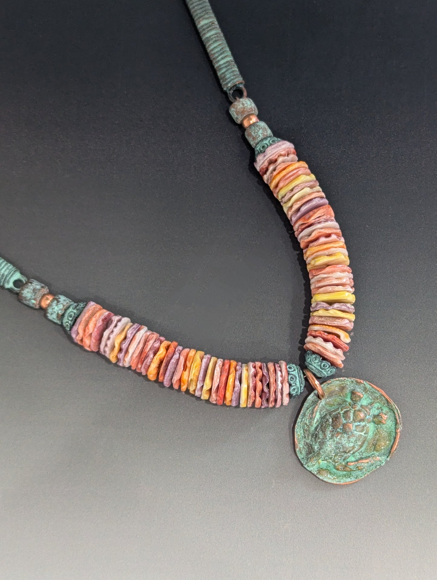 Sea Turtle Pendant with Colorful Spiny Oyster and Leather Cord, Handmade Copper Pendant, Leather Necklace
