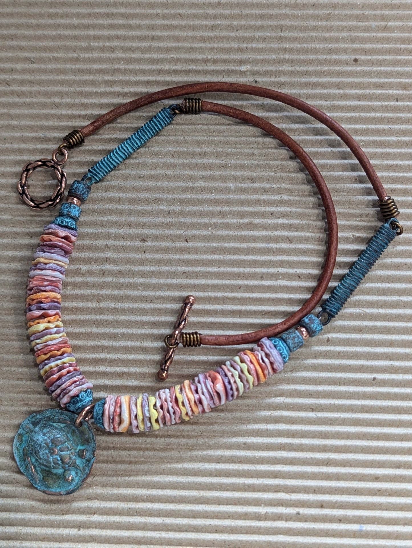 Sea Turtle Pendant with Colorful Spiny Oyster and Leather Cord, Handmade Copper Pendant, Leather Necklace