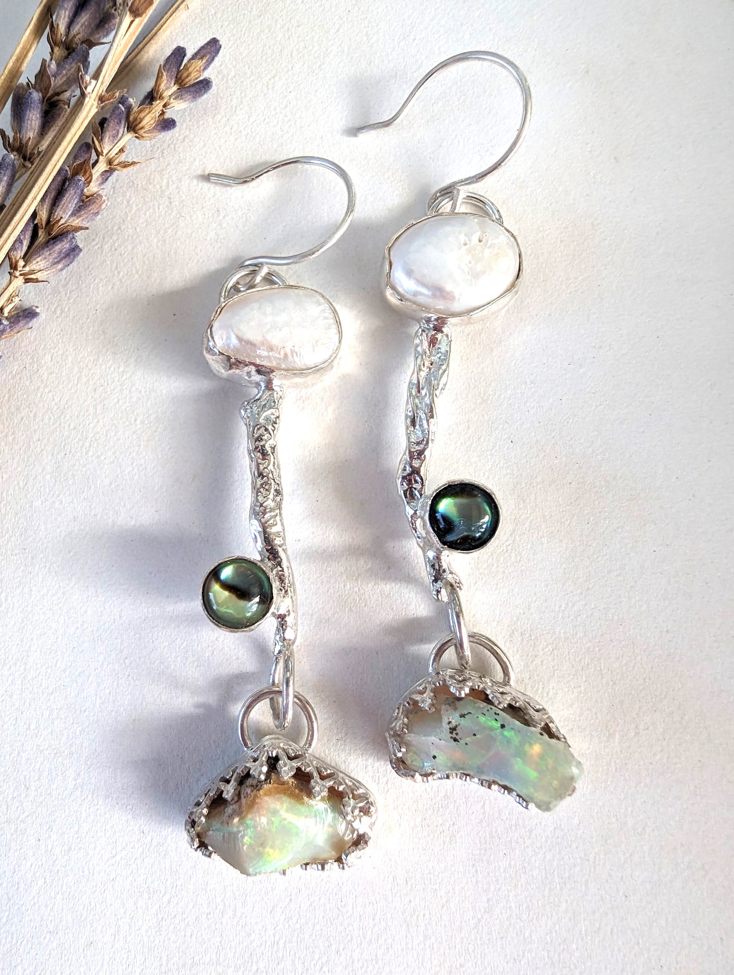Artisan Primitive Bohemian Pearl, Abalone, Opal and Silver Dangle Earrings
