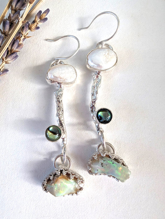 Artisan Primitive Bohemian Pearl, Abalone, Opal and Silver Dangle Earrings