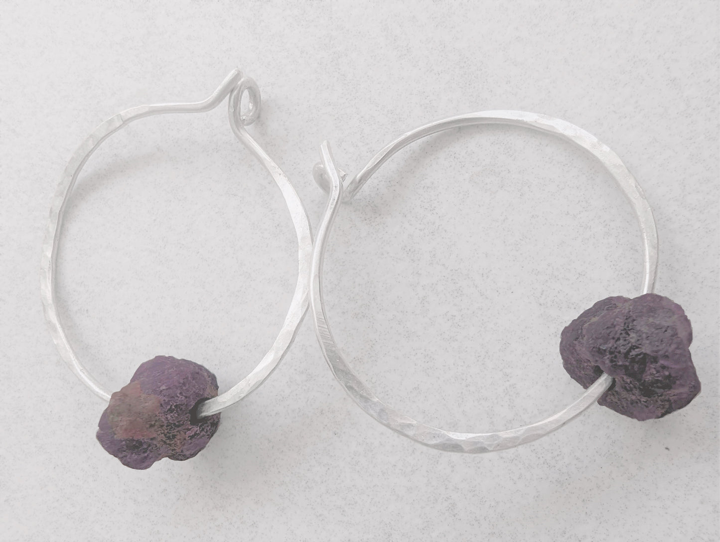 Sterling Silver Hoops with Raw Ruby Nuggets, Artisan Bohemian Gemstone Earrings