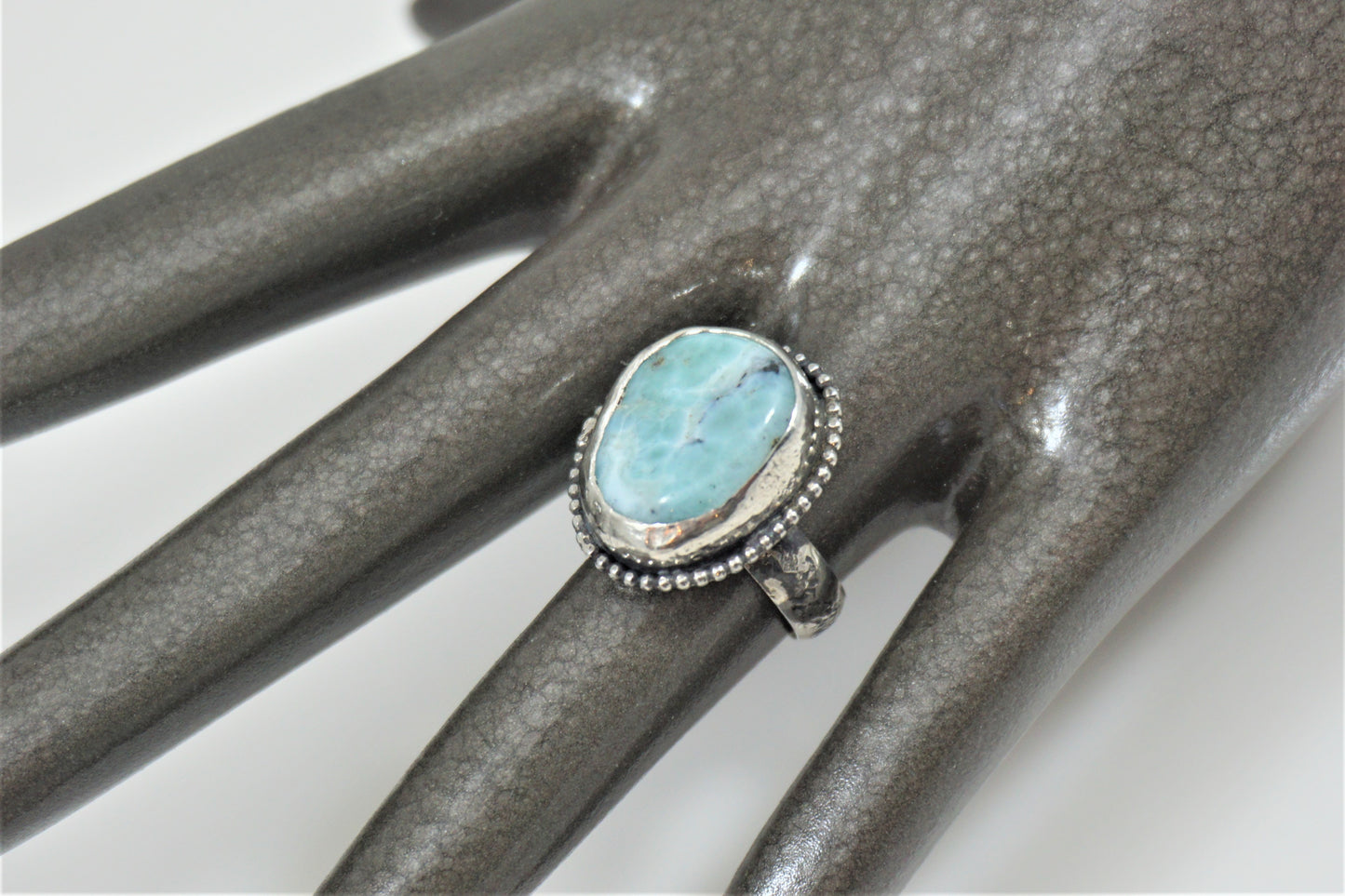 Rustic Blue Larimar Nugget in Sterling Silver Ring, Bohemian OOAK Artisan Jewelry