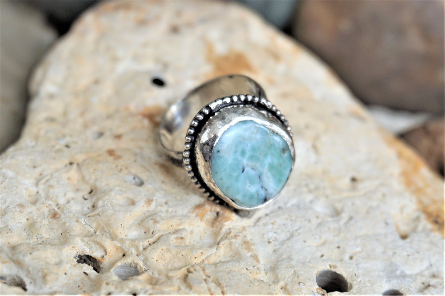 Rustic Blue Larimar Nugget in Sterling Silver Ring, Bohemian OOAK Artisan Jewelry