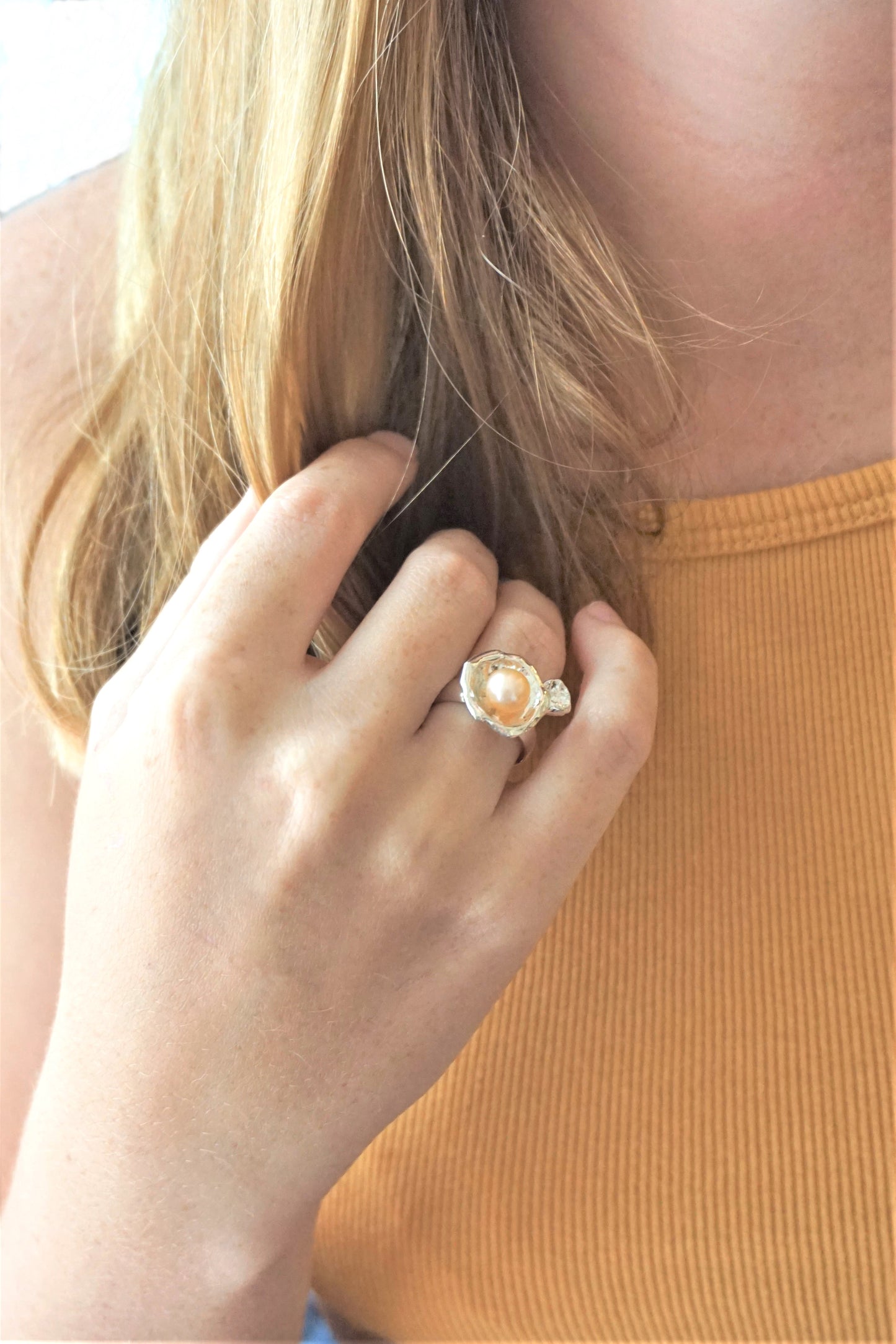 Peach Pearl in Silver Water Droplet Ring, Eco-Friendly Recycled Silver Ring, Unique Artisan Bohemian Jewelry