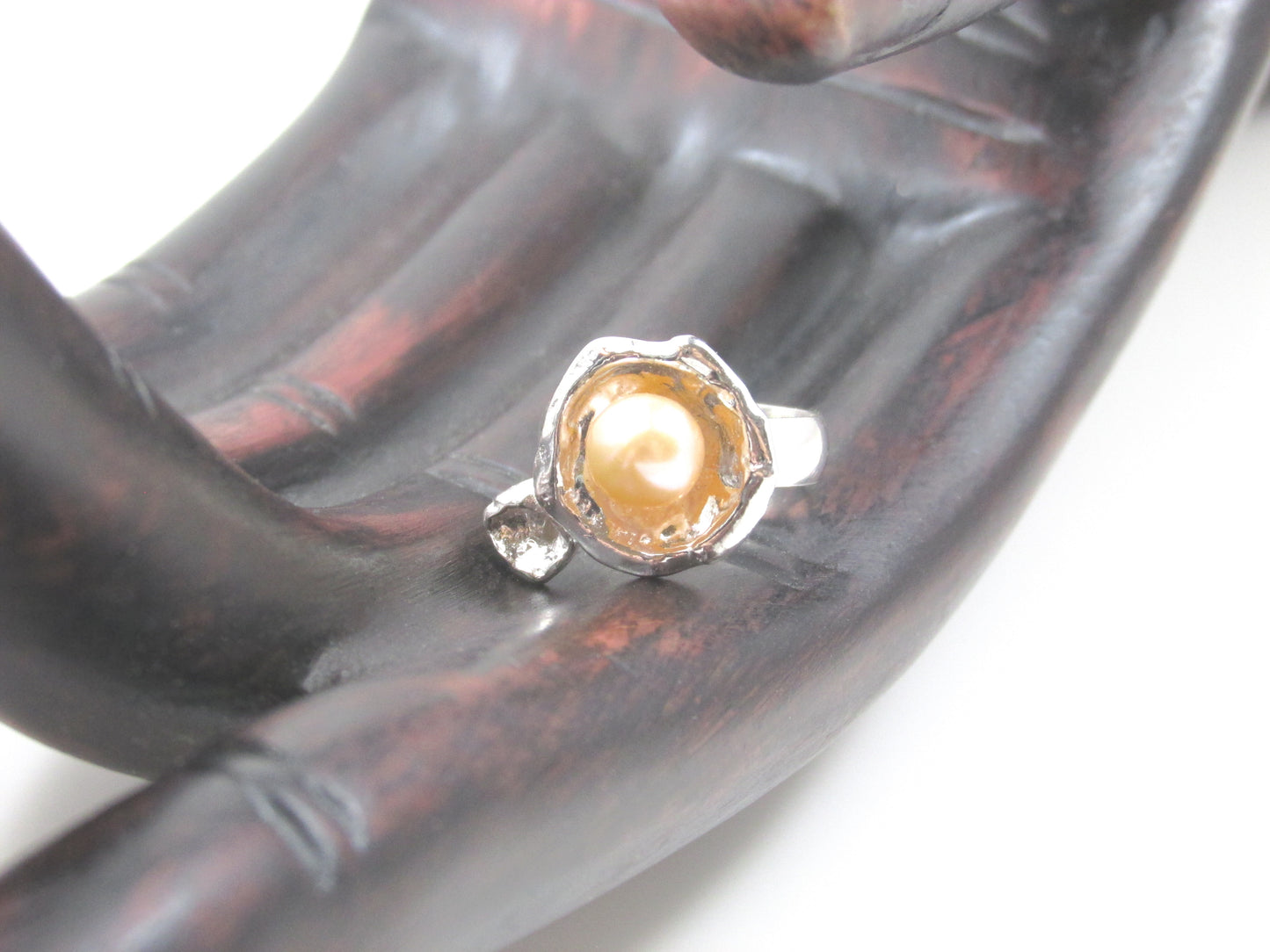 Peach Pearl in Silver Water Droplet Ring, Eco-Friendly Recycled Silver Ring, Unique Artisan Bohemian Jewelry