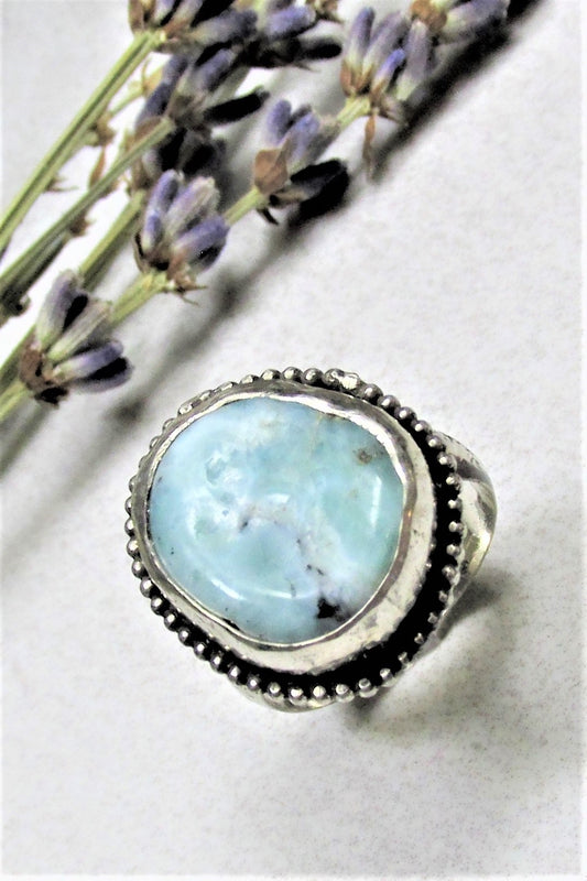 Rustic Blue Larimar Nugget in Sterling Silver Ring, Bohemian OOAK Artisan Jewelry