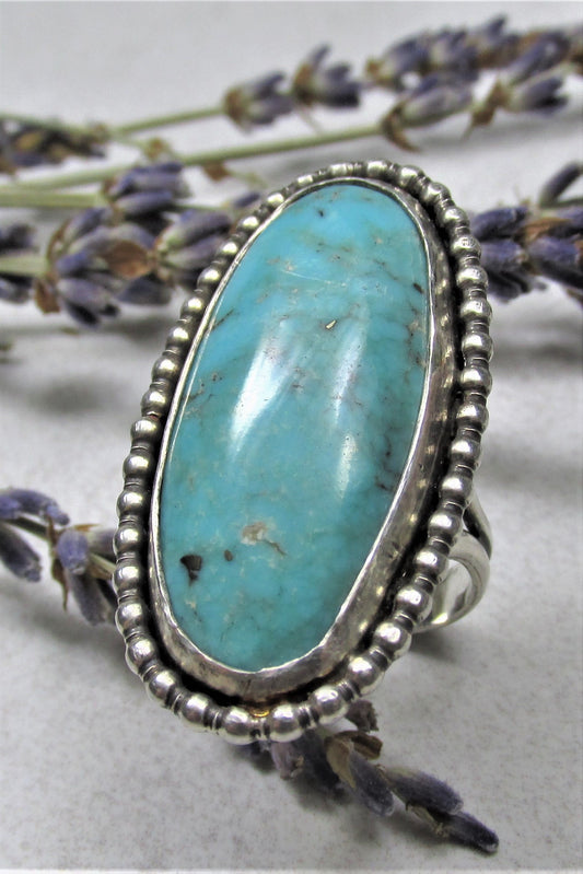 Beautiful Big Blue Turquoise and Silver Ring, Artisan Southwest Style Statement Ring