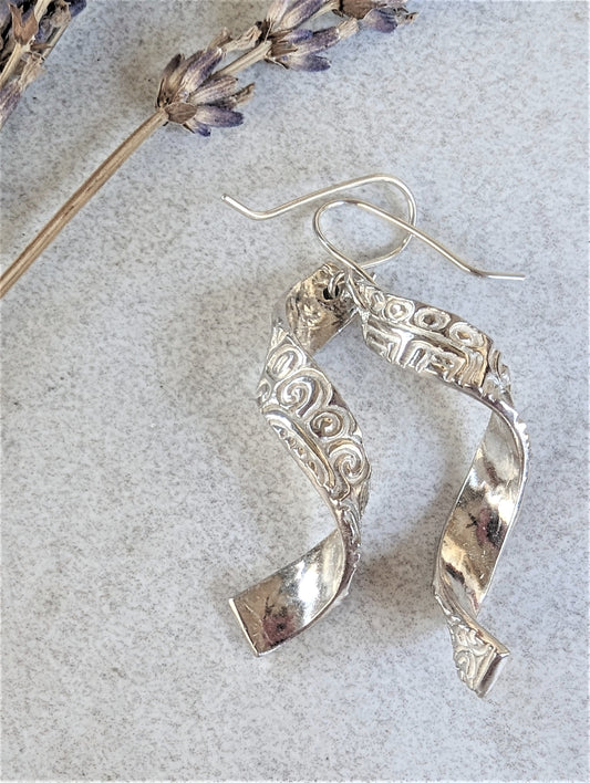 Silver Twisted Dangle Pierced Earrings, Eco Friendly Recycled Metal Artisan OOAK Jewelry