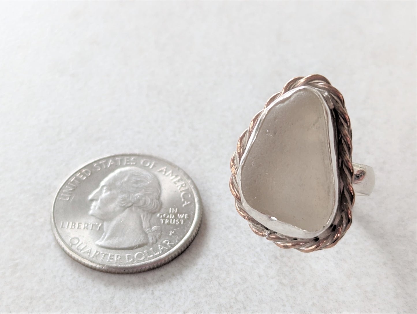 Frosted Clear Beach Glass and Silver Statement Ring with Copper Accent