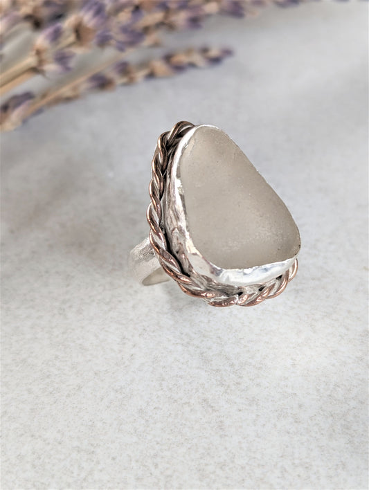Frosted Clear Beach Glass and Silver Statement Ring with Copper Accent
