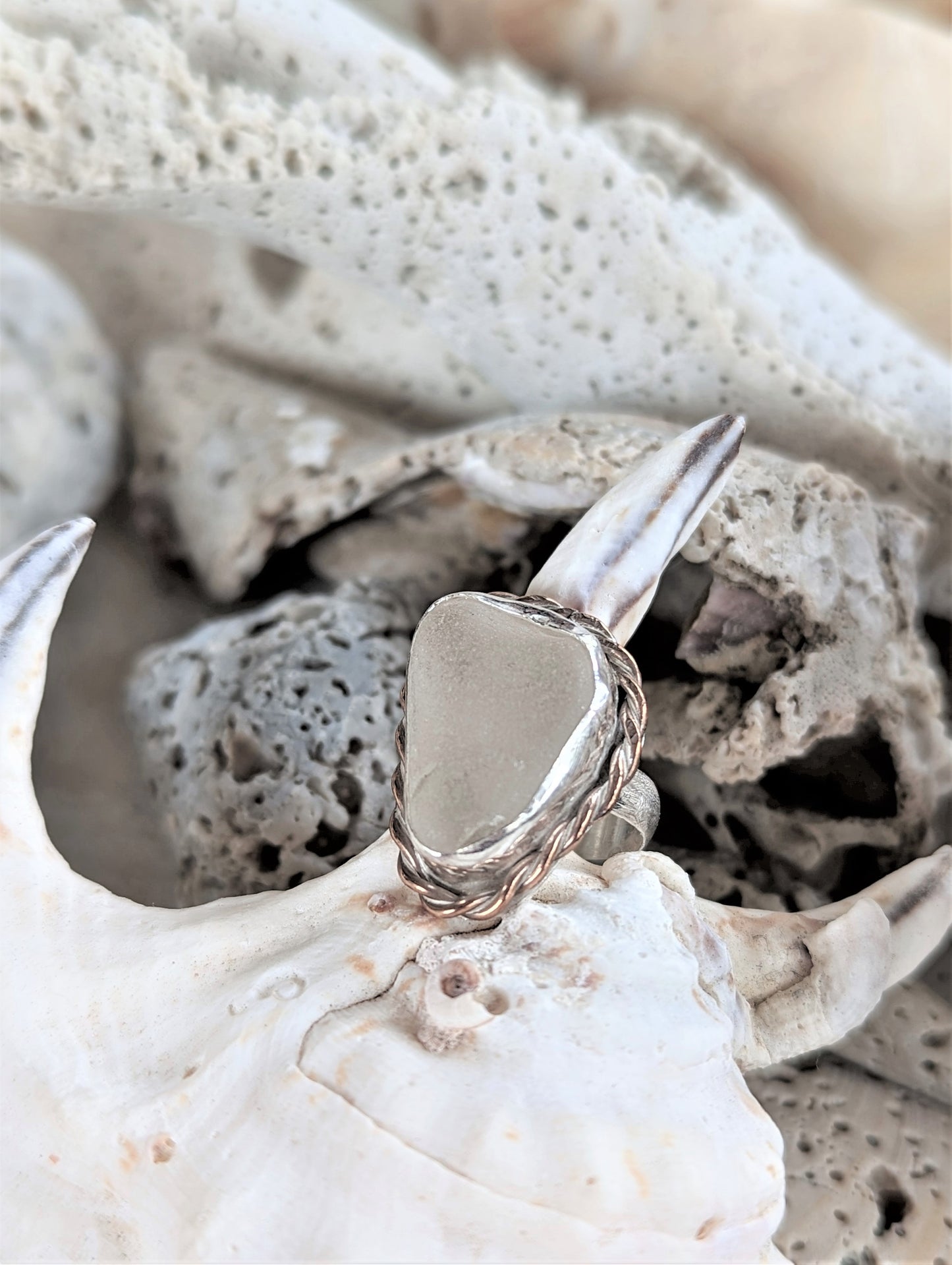 Frosted Clear Beach Glass and Silver Statement Ring with Copper Accent