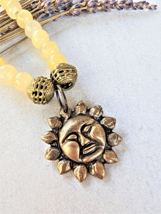 Big Bold Bronze Sun Face Pendant on Vintage Yellow Alabaster Bead Necklace, Bohemian Artisan Statement Necklace