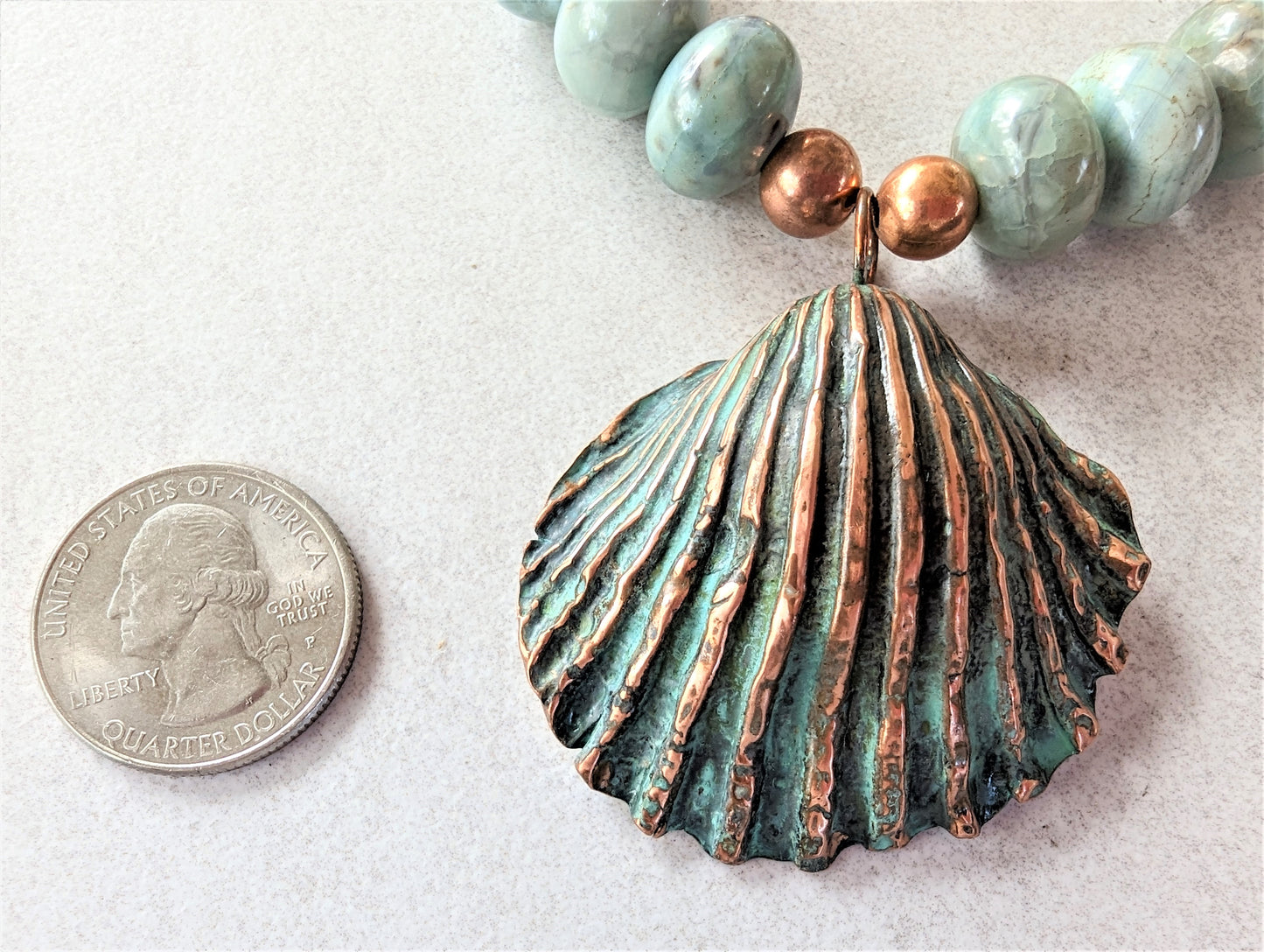 Large Copper Shell Pendant on Agate Necklace