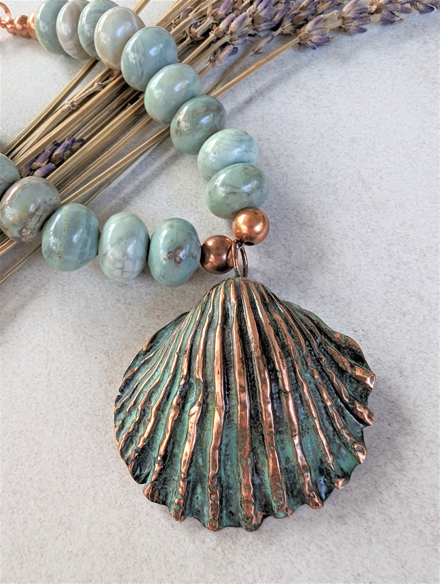 Large Copper Shell Pendant on Agate Necklace