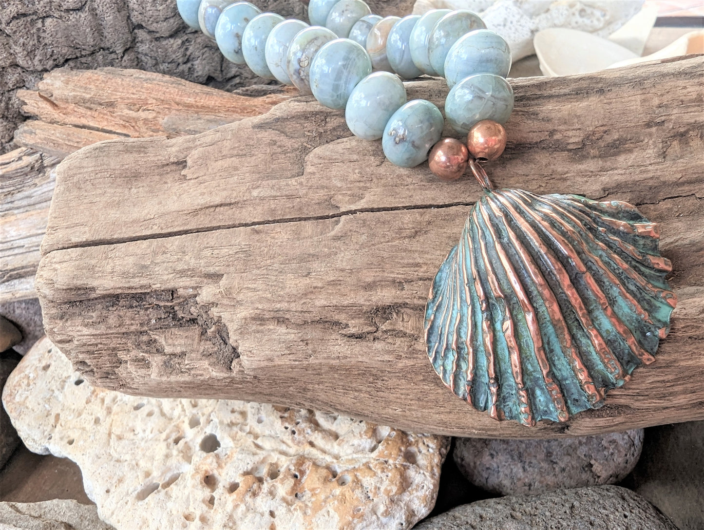 Large Copper Shell Pendant on Agate Necklace