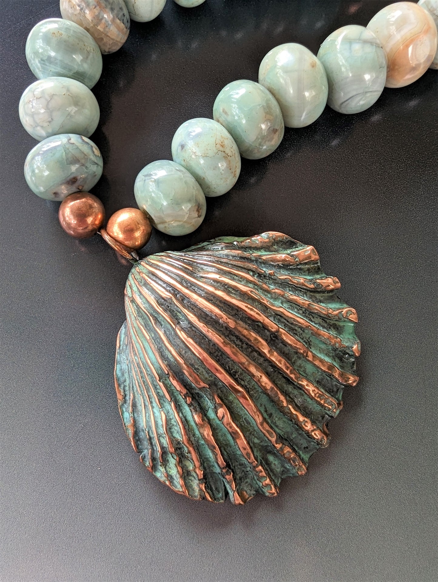 Large Copper Shell Pendant on Agate Necklace